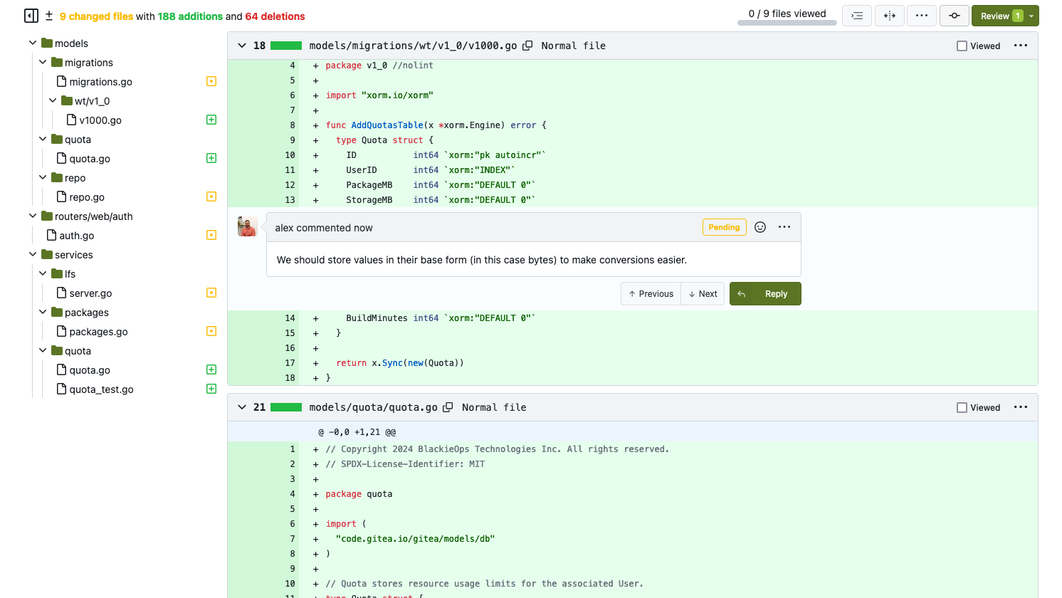 Screenshot of a code review comment being added to a pull request.